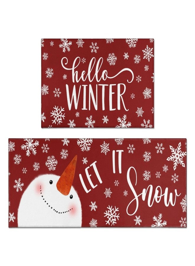 sdhinlwo Let It Snow Snowman Snowflake Winter Christmas Decorative Kitchen Mats Set of 2, Home Party Low-Profile Kitchen Rugs,Red Christmas Kitchen Mats for Floor 17x30+17x47 Inch - Image 1